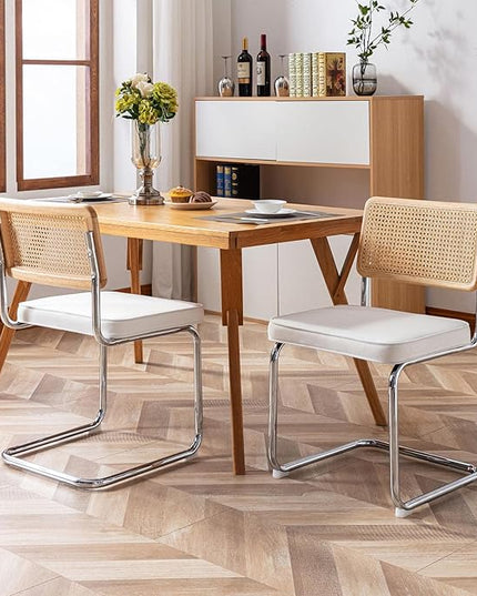Zesthouse Mid Century Modern Dining Chairs Set of 2, Velvet Accent Chairs with Natural Cane Back & Stainless Chrome Base, Famous Breuer Designed Chairs, Upholstered Rattan Kitchen Chairs - LeafyLoom