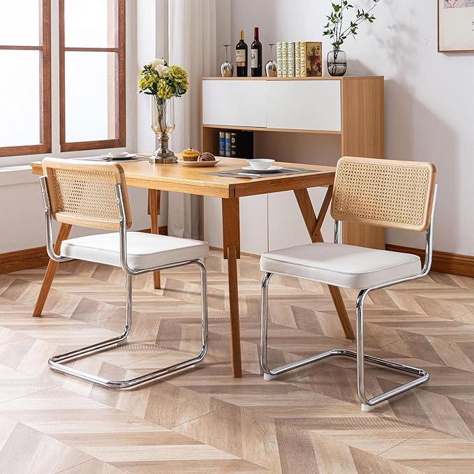 Zesthouse Mid Century Modern Dining Chairs Set of 2, Velvet Accent Chairs with Natural Cane Back & Stainless Chrome Base, Famous Breuer Designed Chairs, Upholstered Rattan Kitchen Chairs - LeafyLoom