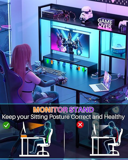 Cyclysio Gaming Desk with Hutch, 39'' Computer Desk with LED Lights & Power Outlets, Home Office Desk with Reversible 5 Tiers Storage Shelves & Monitor Stand, Small Gaming Table for Small Space, Black - LeafyLoom