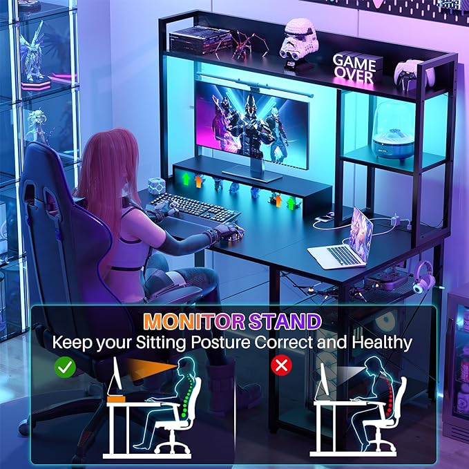 Cyclysio Gaming Desk with Hutch, 39'' Computer Desk with LED Lights & Power Outlets, Home Office Desk with Reversible 5 Tiers Storage Shelves & Monitor Stand, Small Gaming Table for Small Space, Black - LeafyLoom
