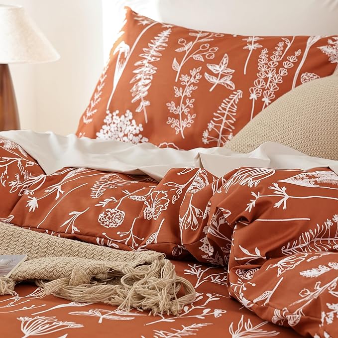 JANZAA Bedding Floral Terracotta Comforter Set Full Size Bed Set with 2 Pillow Cases for All Seasons - LeafyLoom