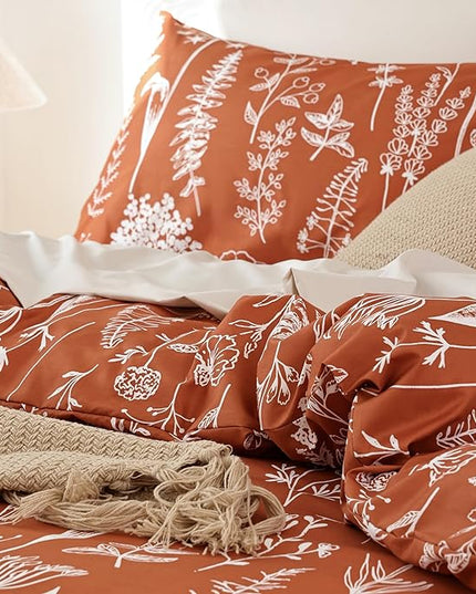 JANZAA 3PCS King Comforter Terracotta Comforter Set Floral Comforter Set White Flower Printed Bedding Set with 2 Pillow Cases for All Season Using - LeafyLoom