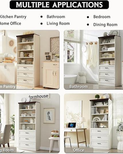 72" Tall Bookshlef with 3 Drawers, Farmhouse 4-Tier Bookcase with Adjustable Shlef, Wooden Storage Cabinet for Living Room, Kitchen, Home Office, Dining Room, White - LeafyLoom