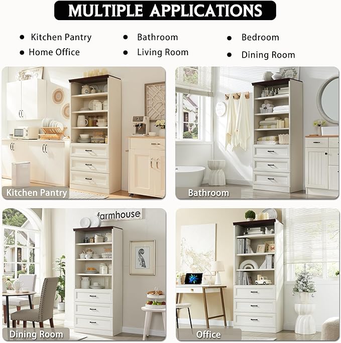 72" Tall Bookshlef with 3 Drawers, Farmhouse 4-Tier Bookcase with Adjustable Shlef, Wooden Storage Cabinet for Living Room, Kitchen, Home Office, Dining Room, White - LeafyLoom