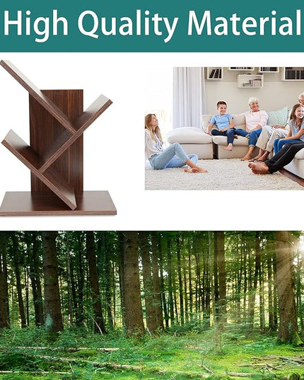 Tree Bookshelf, 3-Tier Small Book Storage Organizer Shelves Floor Standing Bookcase, Wood Storage Rack for Office Home School Shelf Display for Cd/Magazine（Dark Walnut ） - LeafyLoom