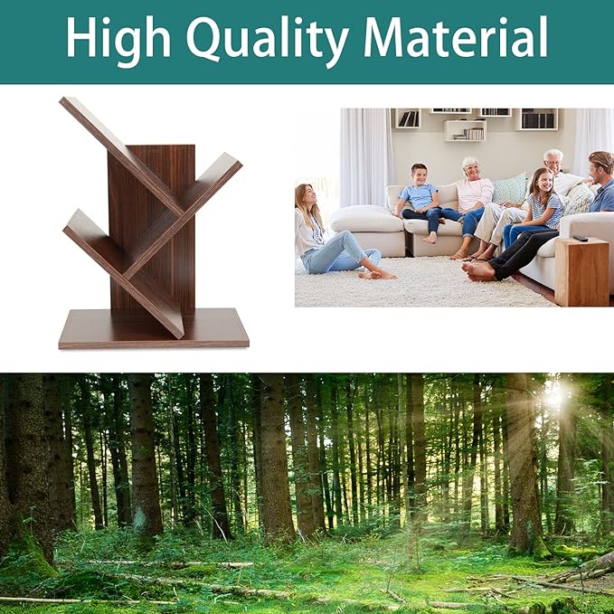 Tree Bookshelf, 3-Tier Small Book Storage Organizer Shelves Floor Standing Bookcase, Wood Storage Rack for Office Home School Shelf Display for Cd/Magazine（Dark Walnut ） - LeafyLoom