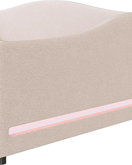Teddy Fleece Full Size Upholstered Daybed with LED Light and Trundle,Modern Wood Platform Bed W/Side Stripes,Easy Assembly,for Bedroom,Living Room,Guestroom,Beige - LeafyLoom