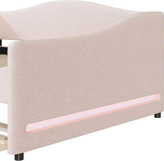 Teddy Fleece Full Size Upholstered Daybed with LED Light and Trundle,Modern Wood Platform Bed W/Side Stripes,Easy Assembly,for Bedroom,Living Room,Guestroom,Beige - LeafyLoom