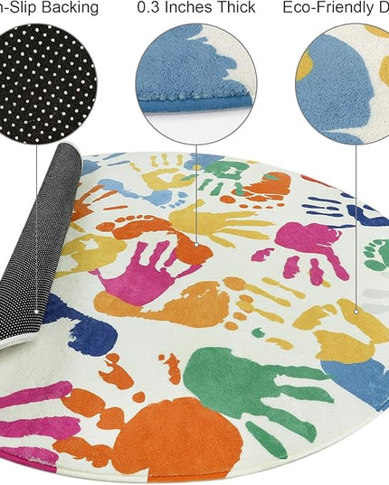 Colorful Round Rug for Kids Bedroom, 4'x4' Handprints and Footprints Circle Rug for Playroom, Rainbow Washable Rug for Nursery, Small Circular Carpet for Classroom Dorm Daycare - LeafyLoom