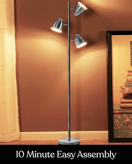 Brightech Jacob LED Standing Lamp, Modern Bright Floor Lamps for Living Rooms & Bedrooms, Tall LED Lighting Lamp with Adjustable 3 Light Tree – Satin Nickel - LeafyLoom