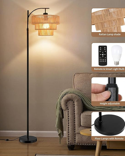 Arc Floor Lamp for Living Room with 3 Color Temperatures, Farmhouse Floor Lamps with Remote & Dimmable Bulb, Boho Standing Lamp with Rattan & 3-Tier Shades, Adjustable Tall Lamp for Bedroom,Corner - LeafyLoom