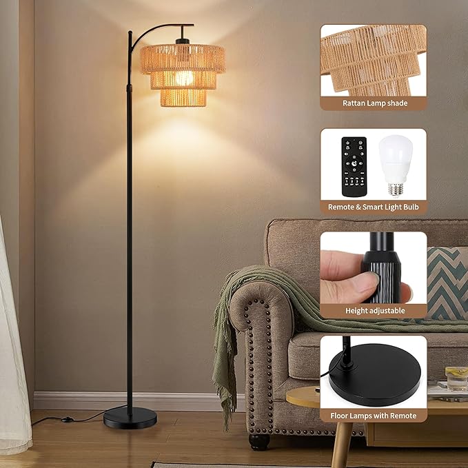 Arc Floor Lamp for Living Room with 3 Color Temperatures, Farmhouse Floor Lamps with Remote & Dimmable Bulb, Boho Standing Lamp with Rattan & 3-Tier Shades, Adjustable Tall Lamp for Bedroom,Corner - LeafyLoom