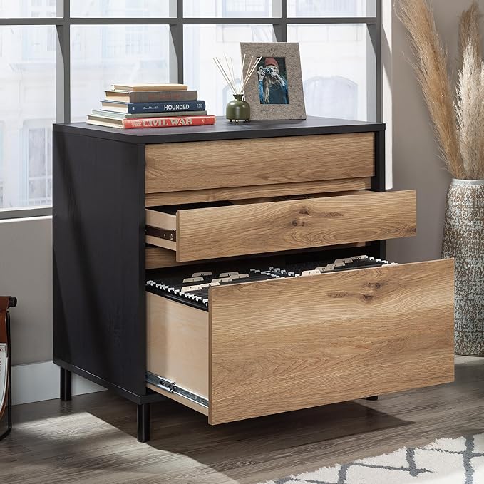 Sauder Acadia Way Lateral File, L: 30.32" x W: 19.45" x H: 29.76", Raven Oak Finish - LeafyLoom