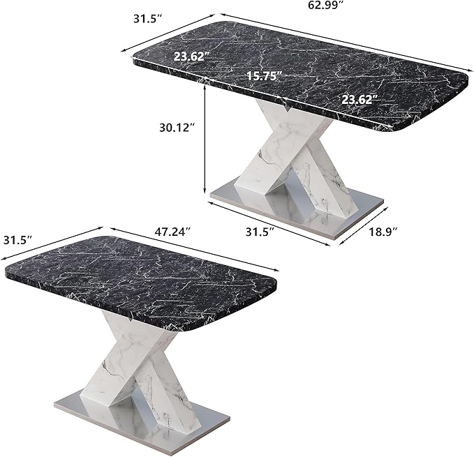 NicBex 62.99Inch Expandable Dining Table,Modern Kitchen Table with Black Marble Tabletop and MDF White X-Shape Legs for 6 to 8,Large Dining Room Table for Kitchen,Meeting Living Room,Black+White - LeafyLoom