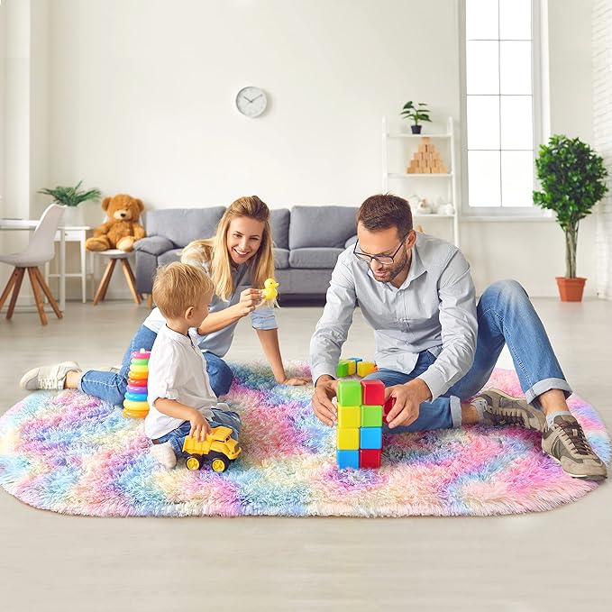 Noahas Oval Fluffy Rainbow Rug 2.6X5.3 Small Kids Rugs for Bedroom Girls And Boys Aesthetic,Bedside Bedroom Rug,Ultra Soft Runner Carpet Modern Shaggy Nursery Area Rugs Home Decor - LeafyLoom