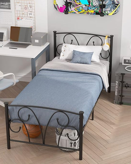 Timy Kids Twin Bed Frame with Headboard and Footboard, Metal Platform Bed Frame with 12 Inch Storage Space for Boys Girls Teens Adults, No Box Spring Needed, Black - LeafyLoom