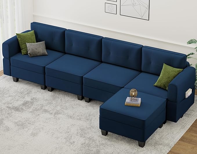 Modular Sectional Sofa, Convertible Sectional Couches for Living Room L Shaped Sofa Couch with Storage Ottoman, High Supportive 6 Seats Reversible Sectionals 113'' with Chaise, Dark Blue - LeafyLoom