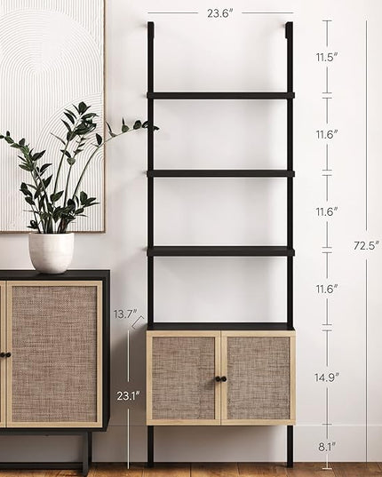 Nathan James Theo Modern Bookcase with Rattan Cabinet in Matte Black and Light Oak Finish with Matte Black Metal Frame for Living Room, Home Office Storage - LeafyLoom