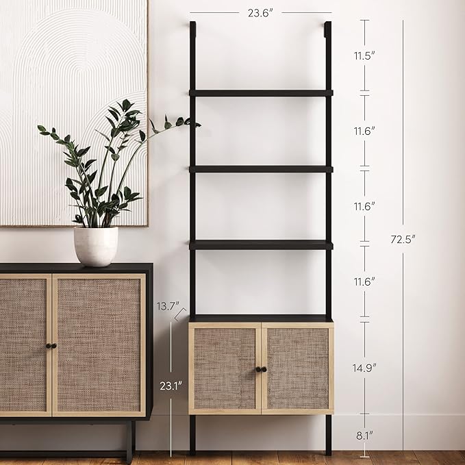 Nathan James Theo Modern Bookcase with Rattan Cabinet in Matte Black and Light Oak Finish with Matte Black Metal Frame for Living Room, Home Office Storage - LeafyLoom