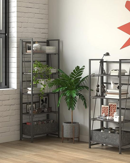 4NM No-Assembly Folding Bookshelf Storage Shelves 4 Tiers Vintage Bookcase Standing Racks Study Organizer Home Office (Gray and Black) - LeafyLoom