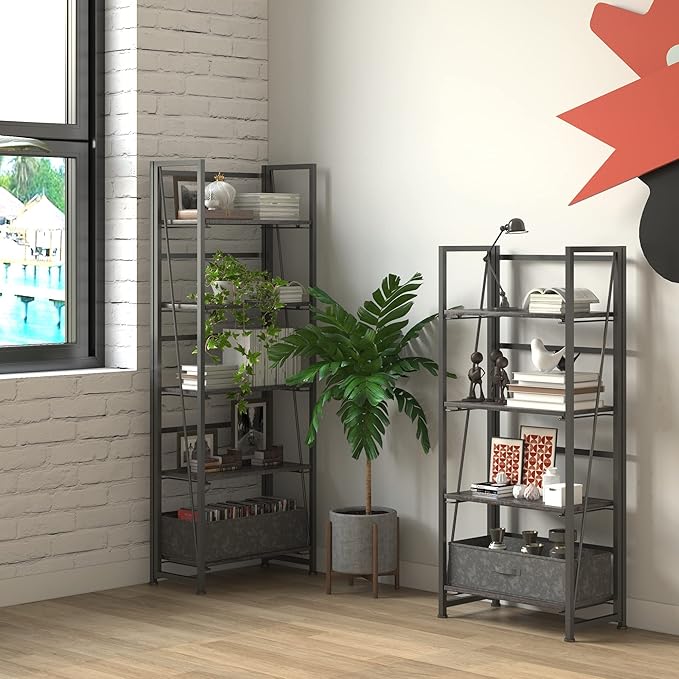 4NM No-Assembly Folding Bookshelf Storage Shelves 4 Tiers Vintage Bookcase Standing Racks Study Organizer Home Office (Gray and Black) - LeafyLoom