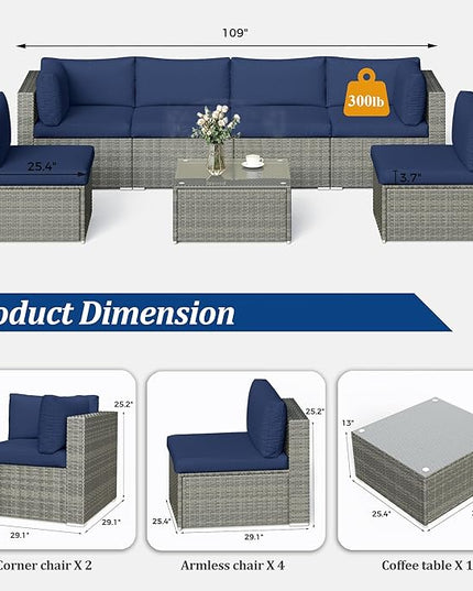 SUNVIVI OUTDOOR 7 Piece Patio Furniture Sets All Weather Gery PE Wicker Couch Sofa with Glass Table, Removable Navy Cushions - LeafyLoom