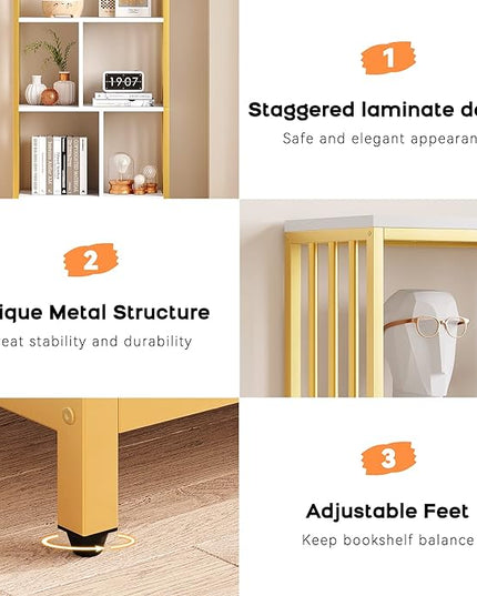 IDEALHOUSE Bookshelf with Drawers Modern Bookcase Storage Rack Shelf Tall Standing Bookshelves Metal Frame Large Gold Display Racks Book Shelf for Bedroom, Living Room, Home Office - LeafyLoom