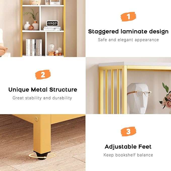 IDEALHOUSE Bookshelf with Drawers Modern Bookcase Storage Rack Shelf Tall Standing Bookshelves Metal Frame Large Gold Display Racks Book Shelf for Bedroom, Living Room, Home Office - LeafyLoom