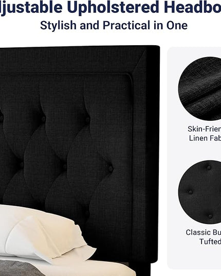 Allewie King Size Bed Frame Upholstered Platform Bed with Adjustable Headboard, Button Tufted, Wood Slat Support, Easy Assembly, Black - LeafyLoom