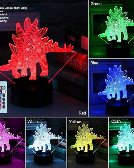 VSATEN 3D Dinosaur Night Light for Kids, 3D Illusion Lamp 3-Pattern & 16 Colors Change Decor Lamp with Remote Control & Smart Touch, Dinosaur Toys for 2 3 4 5 6+ Years Old - LeafyLoom