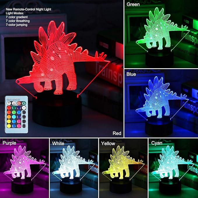 VSATEN 3D Dinosaur Night Light for Kids, 3D Illusion Lamp 3-Pattern & 16 Colors Change Decor Lamp with Remote Control & Smart Touch, Dinosaur Toys for 2 3 4 5 6+ Years Old - LeafyLoom