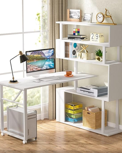 Rotating Computer Desk L-Shaped Office Desk with 5 Shelves Bookcase, Reversible Writing Desk Study Table with Wheels for Home Office, White - LeafyLoom