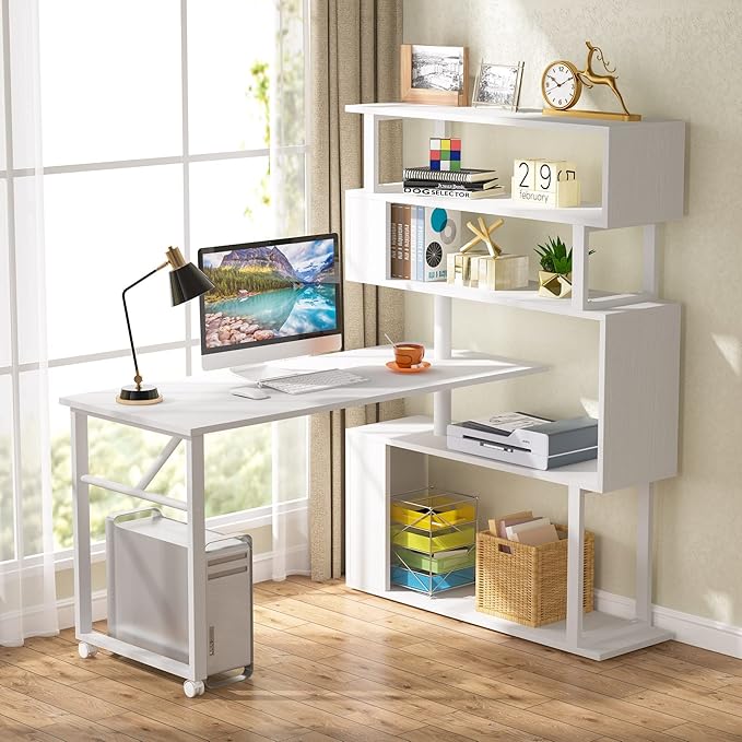 Rotating Computer Desk L-Shaped Office Desk with 5 Shelves Bookcase, Reversible Writing Desk Study Table with Wheels for Home Office, White - LeafyLoom