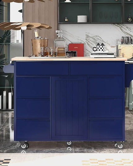 Mobile Cart with Rubber Wood Countertop, Kitchen Island on Lockable Wheels w/Drawer and Storage Cabinet for Dining Room, Bar, Dark Blue, 53.15 Inch - LeafyLoom