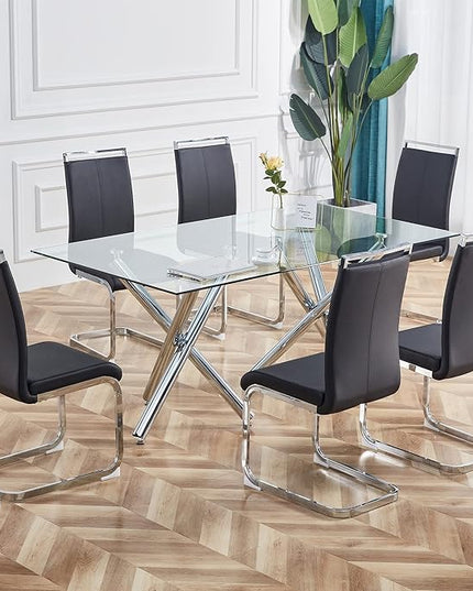 Dining Chairs Set, Kitchen Modern Metal Chairs with Faux Leather Padded Seat High Back and Sturdy Chrome Legs, Chairs for Dining Room (Black, Set of 6) - LeafyLoom