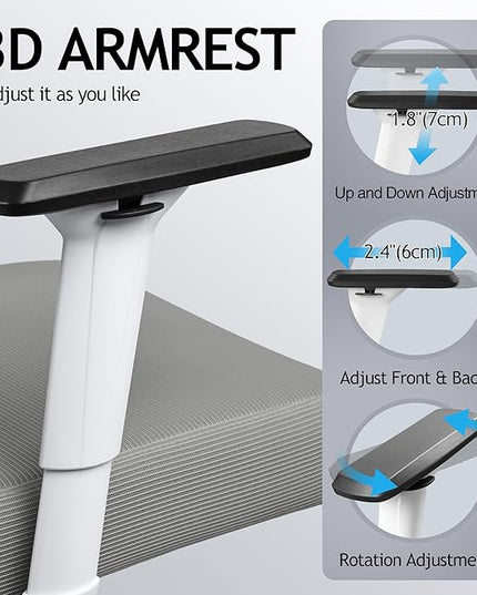 KERDOM Ergonomic Office Chair, Rolling Swivel Executive Desk Chair, Breathable Mesh Gaming Chair with Adjustable Headrest, 3D Armrest and Lumbar Support for Home Office LightGray - LeafyLoom
