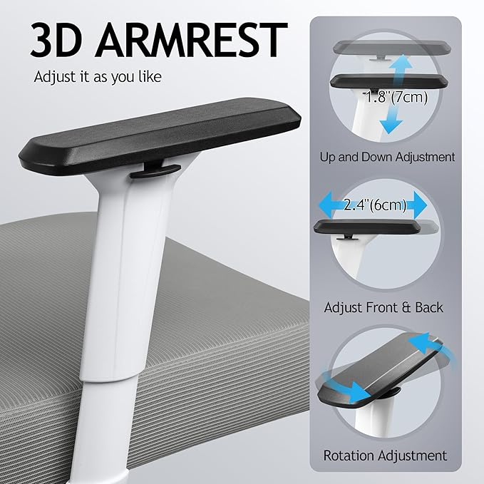 KERDOM Ergonomic Office Chair, Rolling Swivel Executive Desk Chair, Breathable Mesh Gaming Chair with Adjustable Headrest, 3D Armrest and Lumbar Support for Home Office LightGray - LeafyLoom
