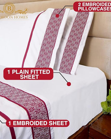 100% Egyptian Cotton Sheets King Size Sheets Set, Luxury Deep Pocket King Sheets, 1000 Thread Soft & Ultra Smooth, 4 Pc Bedding Sheets & Pillowcases, Cool Durable - Burgundy Embroidered White Sheets - LeafyLoom