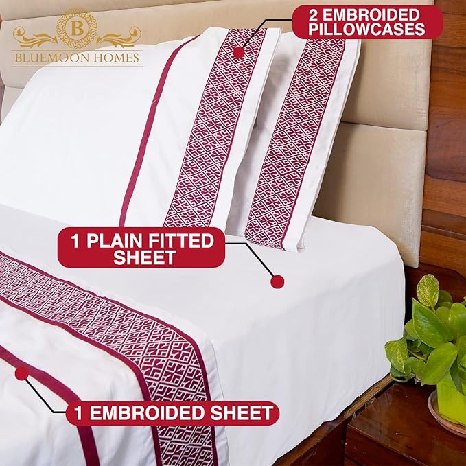 100% Egyptian Cotton Sheets King Size Sheets Set, Luxury Deep Pocket King Sheets, 1000 Thread Soft & Ultra Smooth, 4 Pc Bedding Sheets & Pillowcases, Cool Durable - Burgundy Embroidered White Sheets - LeafyLoom
