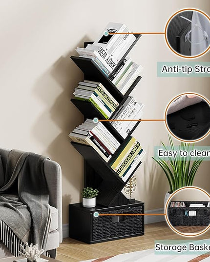 Vagusicc 6 Tier Tree Bookshelf, Modern Floor Standing Bookcase with Storage Drawer, Tall Wood Book Storage Rack for CDs/Books, Utility Book Organizer Shelves for Bedroom/Living Room/Home Office/Corner - LeafyLoom