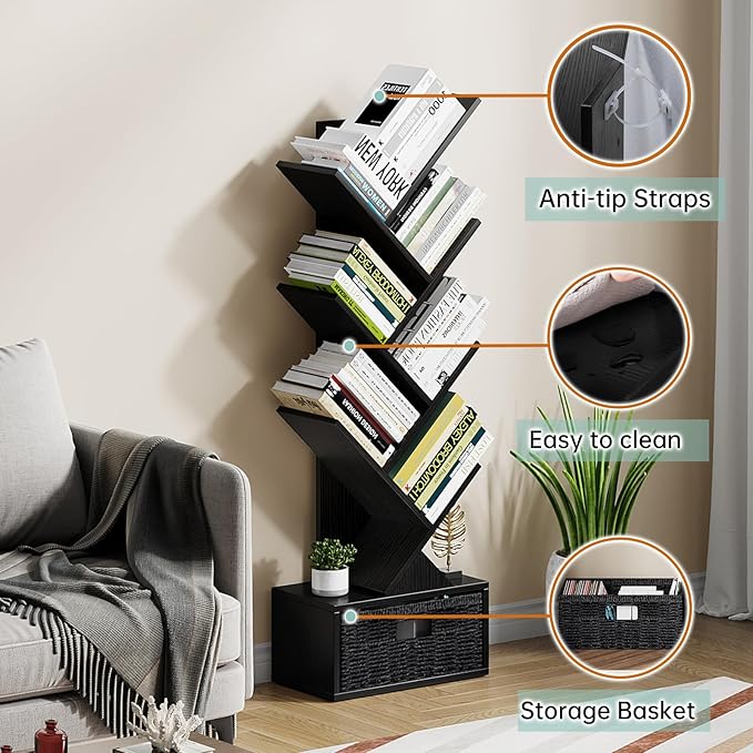 Vagusicc 6 Tier Tree Bookshelf, Modern Floor Standing Bookcase with Storage Drawer, Tall Wood Book Storage Rack for CDs/Books, Utility Book Organizer Shelves for Bedroom/Living Room/Home Office/Corner - LeafyLoom
