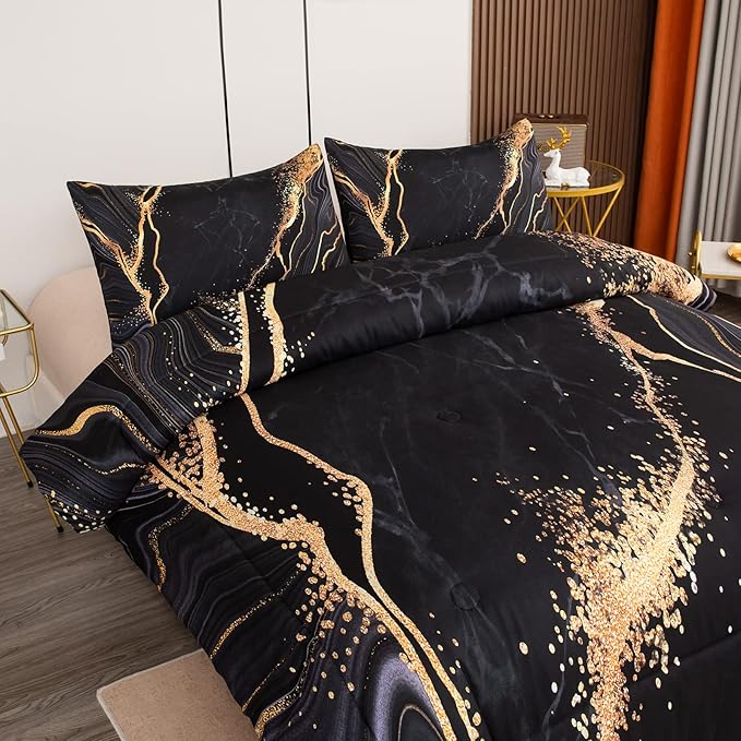 Tailor Shop Marble Bedding Set Soft Microfiber Black and Gold Comforter Set Twin Size for Kids Men and Women with 1 Marble Comforter and 1 Pillowcase - LeafyLoom