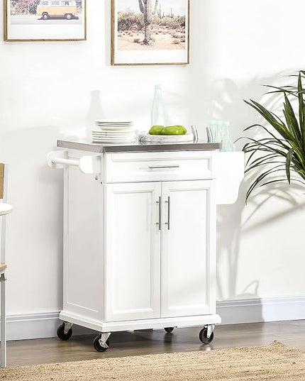HOMCOM Kitchen Island on Wheels, Rolling Kitchen Cart with Stainless Steel Countertop, Drawer, Towel Rack and Spice Rack, Utility Storage Trolley, White - LeafyLoom