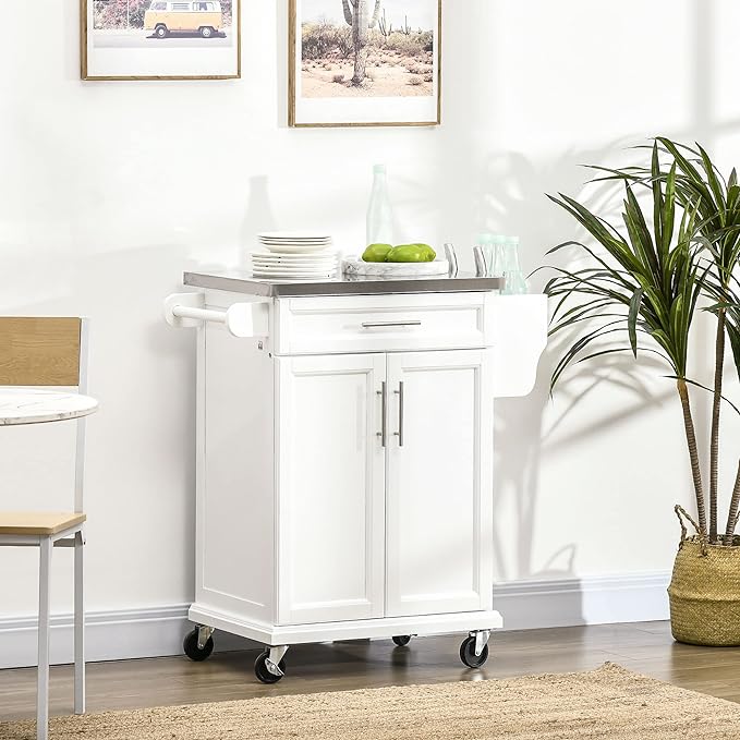 HOMCOM Kitchen Island on Wheels, Rolling Kitchen Cart with Stainless Steel Countertop, Drawer, Towel Rack and Spice Rack, Utility Storage Trolley, White - LeafyLoom