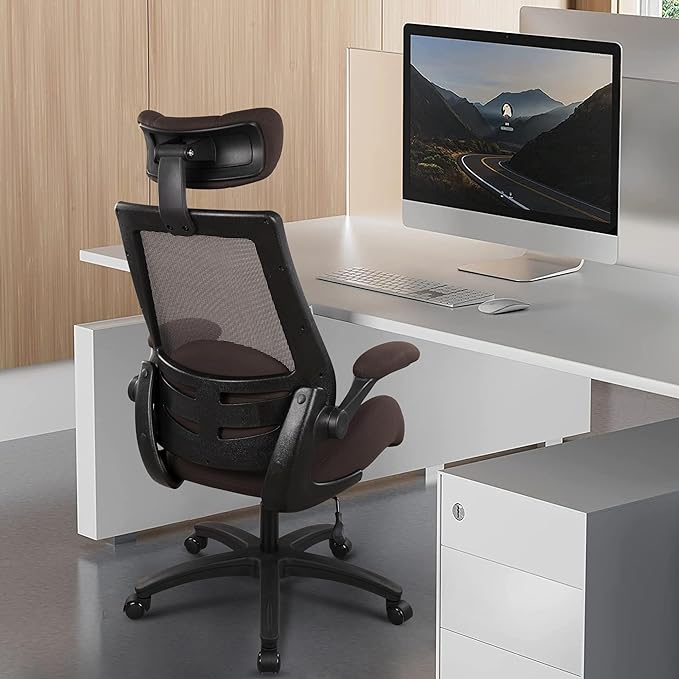 BOLISS 400lbs Ergonomic Mesh Office Chair, High Back Desk Chair - Adjustable Headrest with Flip-Up Arms, Tilt Function, Lumbar Support and Swivel Computer Task Chair-Brown - LeafyLoom