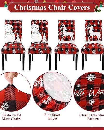 U'Artlines Christmas Chair Covers Set of 4, Removable Washable Merry Christmas Dining Chair Seat Covers Stretch Protector Slipcovers for Dining Room Kitchen Holiday Party Decor, Red Buffalo Plaid UArtlines
