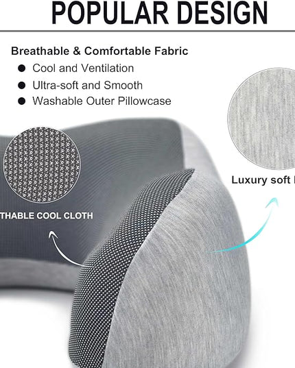 napfun Neck Pillow for Traveling, Upgraded Travel Neck Pillow for Airplane 100% Pure Memory Foam Travel Pillow for Flight Headrest Sleep, Portable Plane Accessories, Light Grey - LeafyLoom