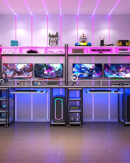 Lvifur RGB Gaming Desk with Wireless Charging Station,7 Dynamic & 24 Static Dimmable Computer Desk with Movable Table, 55'' Home Office Small Desk with Keyboard Tray,Monitor Stand,Display Stand - LeafyLoom