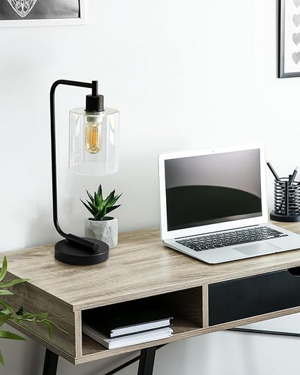 Simple Designs LD1036-BLK-LB 18.8" Industrial Bronson Antique Style Iron Lantern Desk Table Lamp with Glass Shade for Home Décor, Office, Living Room, Bedroom, Black, with Feit LED Bulb Included - LeafyLoom