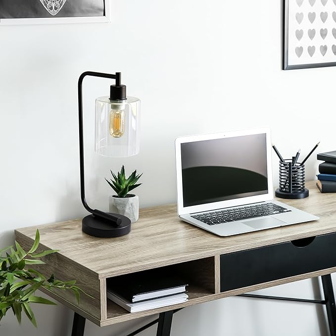 Simple Designs LD1036-BLK-LB 18.8" Industrial Bronson Antique Style Iron Lantern Desk Table Lamp with Glass Shade for Home Décor, Office, Living Room, Bedroom, Black, with Feit LED Bulb Included - LeafyLoom